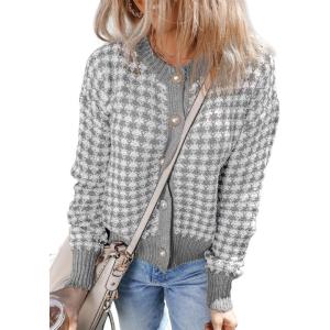 imageDokotoo Cardigan Sweaters for Women V Neck Button Down Long Sleeve Plaid Knit Cardigans Sweater TopsGray