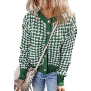 imageDokotoo Cardigan Sweaters for Women V Neck Button Down Long Sleeve Plaid Knit Cardigans Sweater TopsGreen