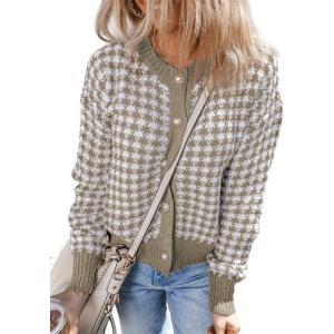 imageDokotoo Cardigan Sweaters for Women V Neck Button Down Long Sleeve Plaid Knit Cardigans Sweater TopsKhaki