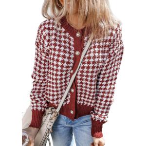 imageDokotoo Cardigan Sweaters for Women V Neck Button Down Long Sleeve Plaid Knit Cardigans Sweater TopsRed