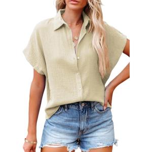 imageDokotoo Casual V Neck Button Down Shirts for Women Solid Short Sleeve Blouse Tops1 Beige