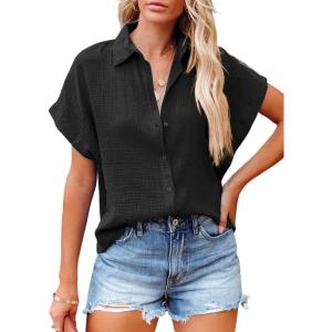 imageDokotoo Casual V Neck Button Down Shirts for Women Solid Short Sleeve Blouse Tops1 Black