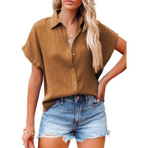 imageDokotoo Casual V Neck Button Down Shirts for Women Solid Short Sleeve Blouse Tops1 Brown