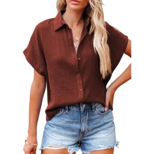 imageDokotoo Casual V Neck Button Down Shirts for Women Solid Short Sleeve Blouse Tops1 Dark Brown
