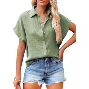 imageDokotoo Casual V Neck Button Down Shirts for Women Solid Short Sleeve Blouse Tops1 Green