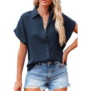imageDokotoo Casual V Neck Button Down Shirts for Women Solid Short Sleeve Blouse Tops1 Navy Blue