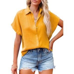 imageDokotoo Casual V Neck Button Down Shirts for Women Solid Short Sleeve Blouse Tops1 Orange