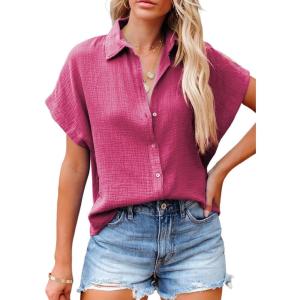 imageDokotoo Casual V Neck Button Down Shirts for Women Solid Short Sleeve Blouse Tops1 Rose