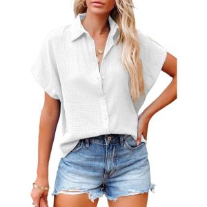 imageDokotoo Casual V Neck Button Down Shirts for Women Solid Short Sleeve Blouse Tops1 White
