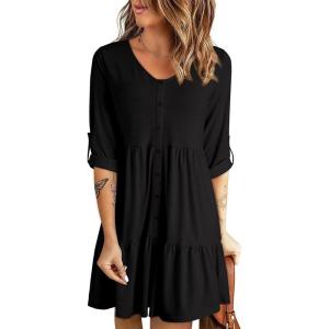imageDokotoo Dresses for Women 2025 Long Sleeve V Neck Knitted Button Down Elastic Waist Ruffle Tiered Mini Dress with PocketsBlack