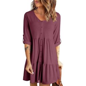 imageDokotoo Dresses for Women 2025 Long Sleeve V Neck Knitted Button Down Elastic Waist Ruffle Tiered Mini Dress with PocketsBurgundy