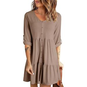 imageDokotoo Dresses for Women 2025 Long Sleeve V Neck Knitted Button Down Elastic Waist Ruffle Tiered Mini Dress with PocketsElmwood