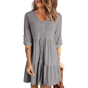 imageDokotoo Dresses for Women 2025 Long Sleeve V Neck Knitted Button Down Elastic Waist Ruffle Tiered Mini Dress with PocketsGray