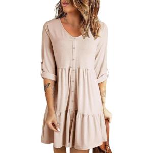 imageDokotoo Dresses for Women 2025 Long Sleeve V Neck Knitted Button Down Elastic Waist Ruffle Tiered Mini Dress with PocketsOatmeal