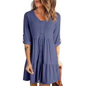 imageDokotoo Dresses for Women 2025 Long Sleeve V Neck Knitted Button Down Elastic Waist Ruffle Tiered Mini Dress with PocketsSail Blue