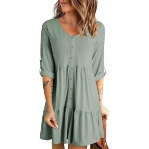 imageDokotoo Dresses for Women 2025 Long Sleeve V Neck Knitted Button Down Elastic Waist Ruffle Tiered Mini Dress with PocketsSmoke Green