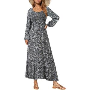 imageDokotoo Fall Dresses for Women 2025 Boho Floral Smocked Empire Waist Square Neck Long Sleeve Button Beach Maxi Dress SundressBlack 10220