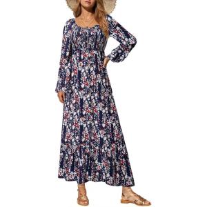 imageDokotoo Fall Dresses for Women 2025 Boho Floral Smocked Empire Waist Square Neck Long Sleeve Button Beach Maxi Dress SundressBlue 10520
