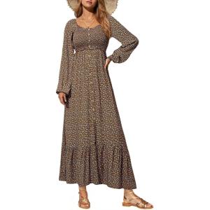 imageDokotoo Fall Dresses for Women 2025 Boho Floral Smocked Empire Waist Square Neck Long Sleeve Button Beach Maxi Dress SundressBrown