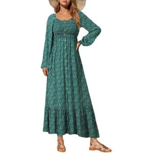 imageDokotoo Fall Dresses for Women 2025 Boho Floral Smocked Empire Waist Square Neck Long Sleeve Button Beach Maxi Dress SundressGreen