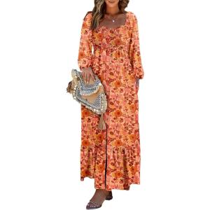 imageDokotoo Fall Dresses for Women 2025 Boho Floral Smocked Empire Waist Square Neck Long Sleeve Button Beach Maxi Dress SundressOrange