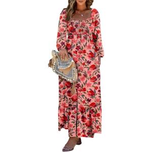 imageDokotoo Fall Dresses for Women 2025 Boho Floral Smocked Empire Waist Square Neck Long Sleeve Button Beach Maxi Dress SundressPink