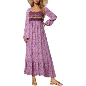 imageDokotoo Fall Dresses for Women 2025 Boho Floral Smocked Empire Waist Square Neck Long Sleeve Button Beach Maxi Dress SundressPurple