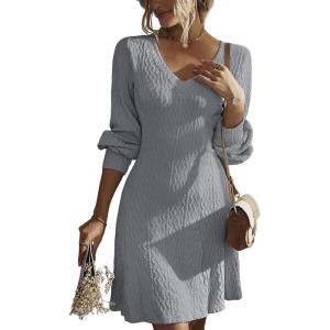 imageDokotoo Fall Dresses for Women 2025 Trendy V Neck Knit A Line Long Sleeve Dress Sweater DressA1 Gray