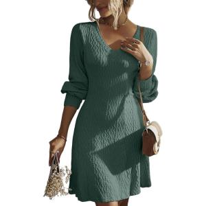 imageDokotoo Fall Dresses for Women 2025 Trendy V Neck Knit A Line Long Sleeve Dress Sweater DressMist Green