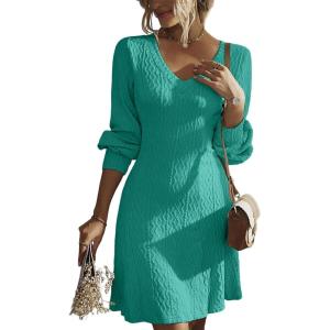 imageDokotoo Fall Dresses for Women 2025 Trendy V Neck Knit A Line Long Sleeve Dress Sweater DressSea Green