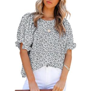 imageDokotoo Floral Print Blouses for Women Crewneck Smocked Puff Sleeve Shirts Casual Babydoll Tops1 Black
