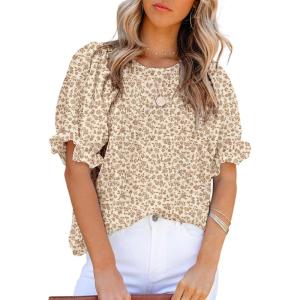 imageDokotoo Floral Print Blouses for Women Crewneck Smocked Puff Sleeve Shirts Casual Babydoll Tops1 Brown