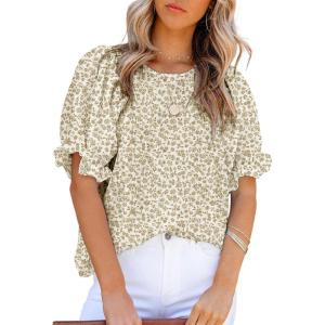 imageDokotoo Floral Print Blouses for Women Crewneck Smocked Puff Sleeve Shirts Casual Babydoll Tops1 Khaki