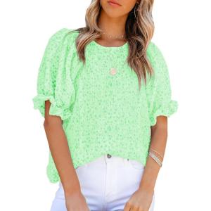 imageDokotoo Floral Print Blouses for Women Crewneck Smocked Puff Sleeve Shirts Casual Babydoll Tops1 Light Green