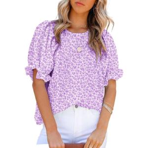 imageDokotoo Floral Print Blouses for Women Crewneck Smocked Puff Sleeve Shirts Casual Babydoll Tops1 Light Purple