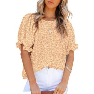 imageDokotoo Floral Print Blouses for Women Crewneck Smocked Puff Sleeve Shirts Casual Babydoll Tops1 Orange