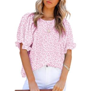 imageDokotoo Floral Print Blouses for Women Crewneck Smocked Puff Sleeve Shirts Casual Babydoll Tops1 Pink