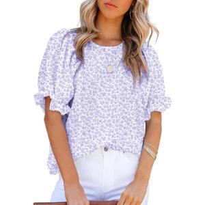 imageDokotoo Floral Print Blouses for Women Crewneck Smocked Puff Sleeve Shirts Casual Babydoll Tops1 Purple