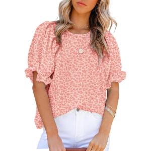 imageDokotoo Floral Print Blouses for Women Crewneck Smocked Puff Sleeve Shirts Casual Babydoll Tops1 Red