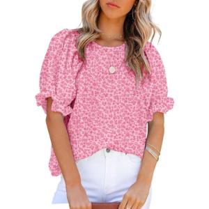 imageDokotoo Floral Print Blouses for Women Crewneck Smocked Puff Sleeve Shirts Casual Babydoll Tops1 Rose
