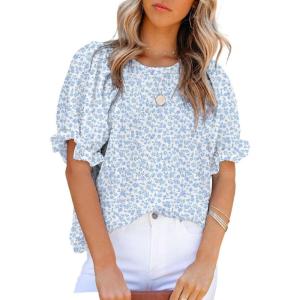 imageDokotoo Floral Print Blouses for Women Crewneck Smocked Puff Sleeve Shirts Casual Babydoll Tops1 Sky Blue
