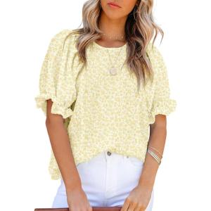 imageDokotoo Floral Print Blouses for Women Crewneck Smocked Puff Sleeve Shirts Casual Babydoll Tops1 Yellow