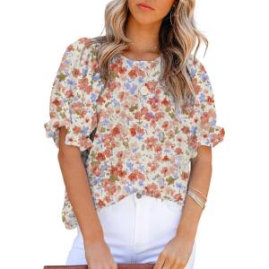 imageDokotoo Floral Print Blouses for Women Crewneck Smocked Puff Sleeve Shirts Casual Babydoll Tops2 Orange