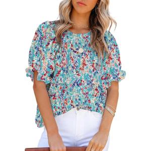 imageDokotoo Floral Print Blouses for Women Crewneck Smocked Puff Sleeve Shirts Casual Babydoll Tops2 Sky Blue