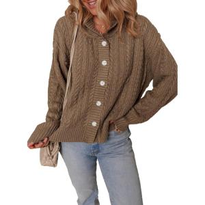 imageDokotoo Oversized Sweaters for Women Casual Solid Long Sleeve Button Down Chunky Knit Hooded Cardigan Sweaters CoatCoffee