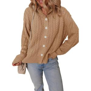 imageDokotoo Oversized Sweaters for Women Casual Solid Long Sleeve Button Down Chunky Knit Hooded Cardigan Sweaters CoatKhaki