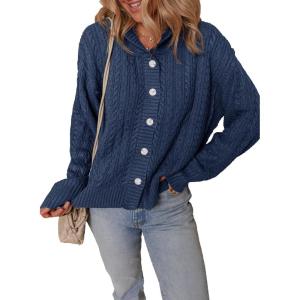 imageDokotoo Oversized Sweaters for Women Casual Solid Long Sleeve Button Down Chunky Knit Hooded Cardigan Sweaters CoatNavy Blue