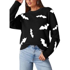 imageDokotoo Sweaters for Women Casual Crewneck Long Sleeve Floral Print Cable Knit Pullover Sweater TopsY Black1