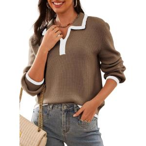 imageDokotoo Sweaters for Women Fashion Long Sleeve Lapel Collar V Neck Casual Knit Color Block Pullover Sweater Jumpers TopsBrown
