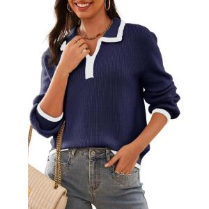 imageDokotoo Sweaters for Women Fashion Long Sleeve Lapel Collar V Neck Casual Knit Color Block Pullover Sweater Jumpers TopsDark Blue